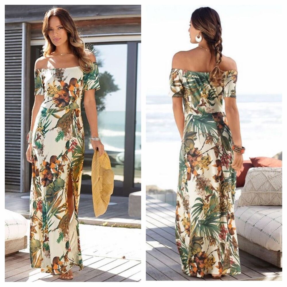 Lascana Off Shoulder Maxi Dress Ivory Printed Size 10